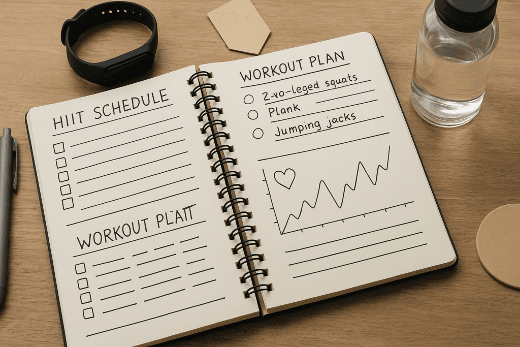Best HIIT Workout for Fat Loss: How High Intensity Training Boosts Endurance and Supports Weight Loss Goals 6 Personal fitness journal on a desk with handwritten plans and a water bottle, symbolizing the Best HIIT Workout for Fat Loss.