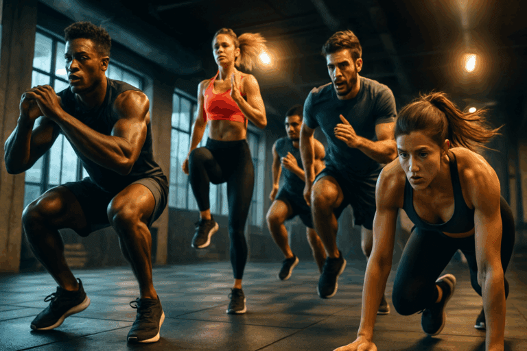 Diverse group of men and women performing jump squats, high knees, and mountain climbers in a modern gym, showcasing the Best HIIT Workout for Fat Loss