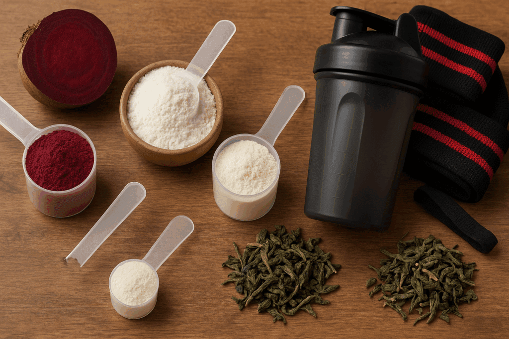 Flat lay of the best pre and post workout supplements with powdered beetroot, creatine, BCAAs, green tea, and gym gear on a wooden surface.
