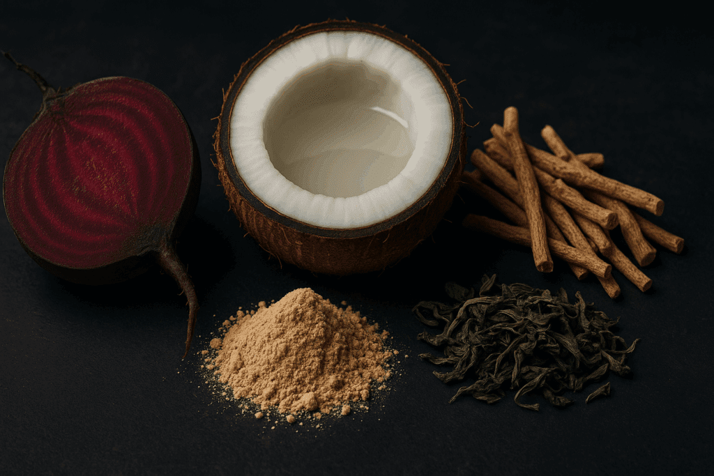 Close-up of beetroot, coconut water, Rhodiola roots, ashwagandha powder, and green tea leaves—natural ingredients found in the best pre and post workout supplements.