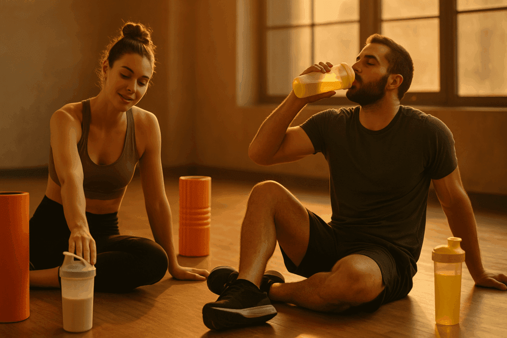 Male and female athletes recovering after a workout, using foam rollers and drinking protein shakes, showcasing the best pre and post workout supplements.