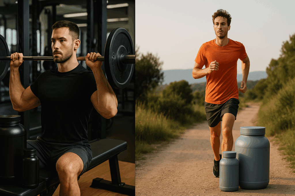 Split-screen of two athletes using the best pre and post workout supplements—one lifting weights in a gym, the other running outdoors.