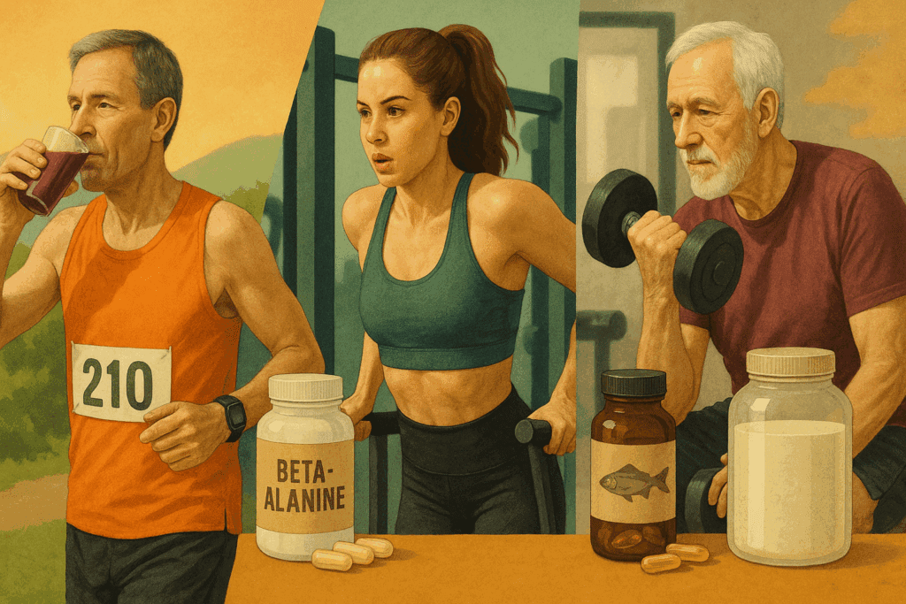 Middle-aged man running with beetroot juice, a woman doing HIIT with beta-alanine, and older man weightlifting with omega-3s and protein—real-life use of best pre and post workout supplements.