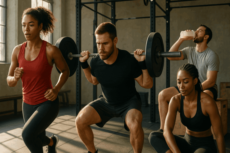 Diverse group of athletes engaging in strength, endurance, and recovery training, showcasing the best pre and post workout supplements routine