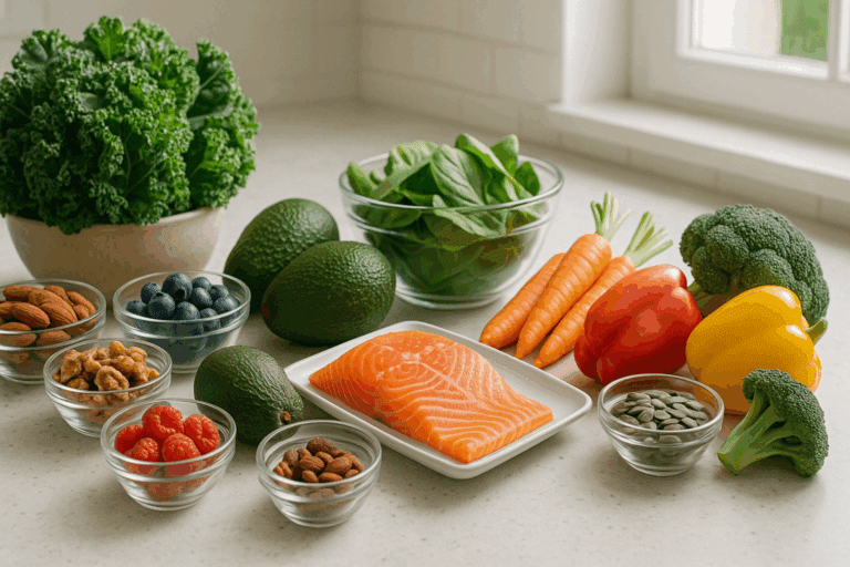 Fresh whole foods on a kitchen counter for the best sugar detox, including salmon, leafy greens, berries, nuts, seeds, and vegetables.