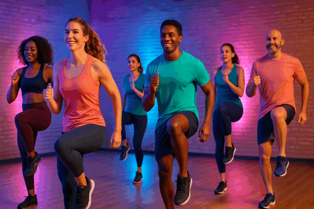 Boost Endurance Naturally: What Is Considered Aerobic Exercise and How It Enhances Performance Training 1 Group fitness class performing high knees and side steps under colorful lights, illustrating what is considered aerobic exercise.