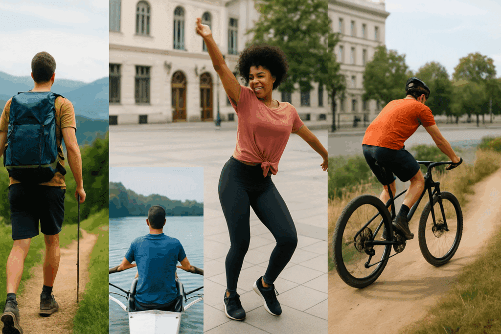 Boost Endurance Naturally: What Is Considered Aerobic Exercise and How It Enhances Performance Training 3 Hiking, dancing, rowing, and cycling outdoors, illustrating what is considered aerobic exercise for active lifestyles.
