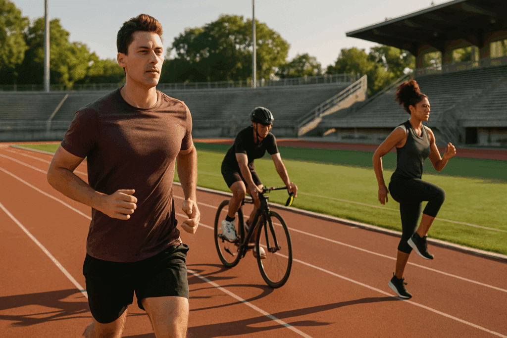 Boost Endurance Naturally: What Is Considered Aerobic Exercise and How It Enhances Performance Training 4 Athletes demonstrating what is considered aerobic exercise by running, cycling, and performing high-knee drills at a track and field stadium.