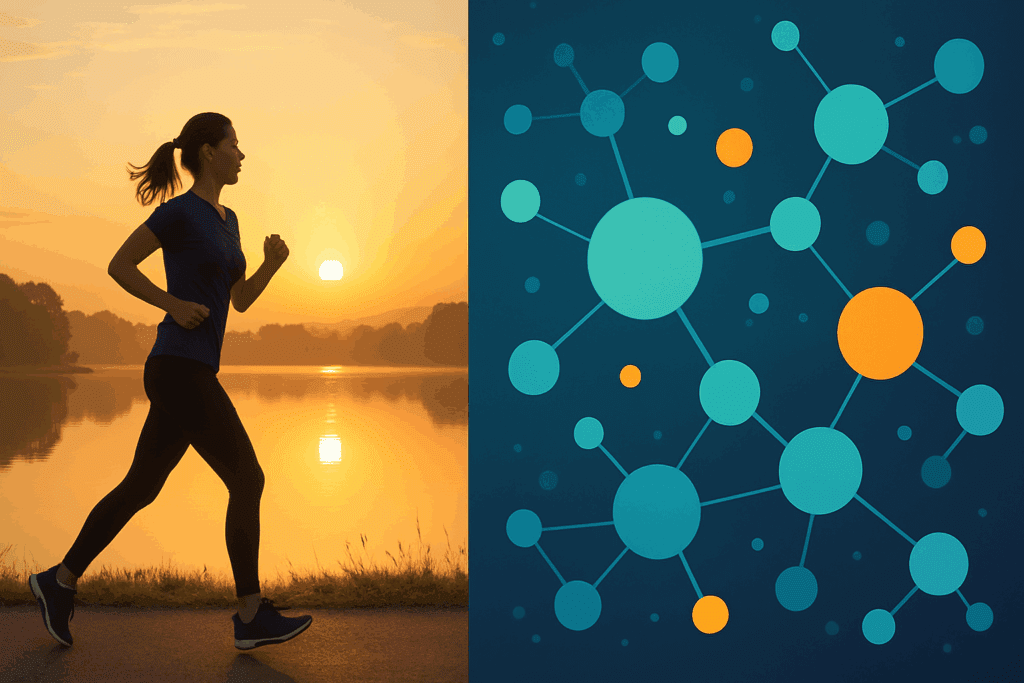 Boost Endurance Naturally: What Is Considered Aerobic Exercise and How It Enhances Performance Training 6 Person jogging at sunrise by a calm lake next to abstract molecular artwork, symbolizing mental clarity and metabolic health, illustrating what is considered aerobic exercise.
