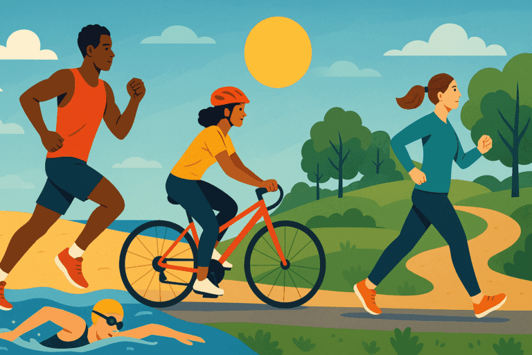 Diverse individuals running, cycling, swimming, and walking outdoors under a bright sky, illustrating what is considered aerobic exercise.
