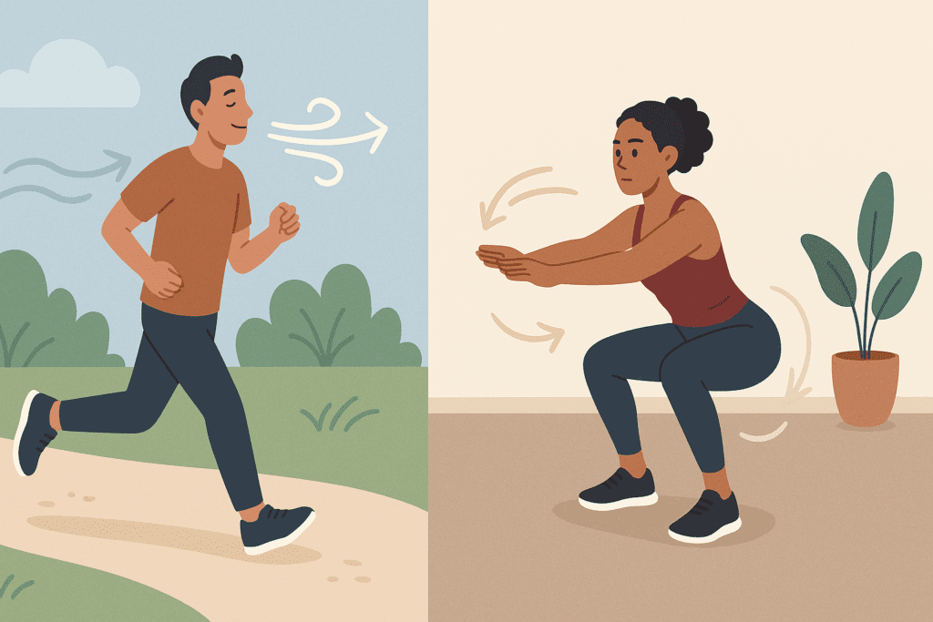 Boost Endurance Naturally with Easy At-Home Workouts: Best Fitness Videos for Beginners to Build Strength and Stamina 1 Jogger running outdoors for cardiovascular health and woman doing indoor squats for muscular strength to boost endurance naturally.