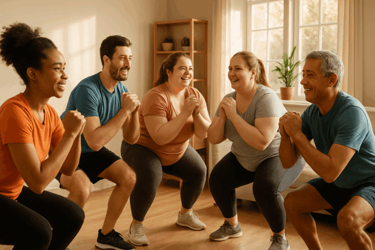 Diverse group of beginners doing squats and lunges during a home workout session, smiling and following a fitness video to boost endurance naturally.