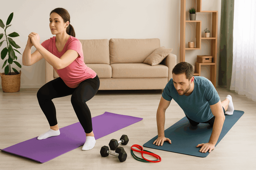 Boost Endurance Naturally with Easy At-Home Workouts: Best Fitness Videos for Beginners to Build Strength and Stamina 2 Beginner woman doing squats and beginner man doing modified push-ups in a cozy home gym setup with dumbbells and resistance bands to boost endurance naturally.