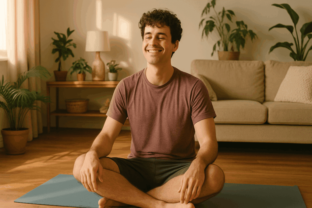 Boost Endurance Naturally with Easy At-Home Workouts: Best Fitness Videos for Beginners to Build Strength and Stamina 3 Young man smiling while sitting cross-legged on a yoga mat in a cozy, sunlit living room after a workout session to boost endurance naturally.