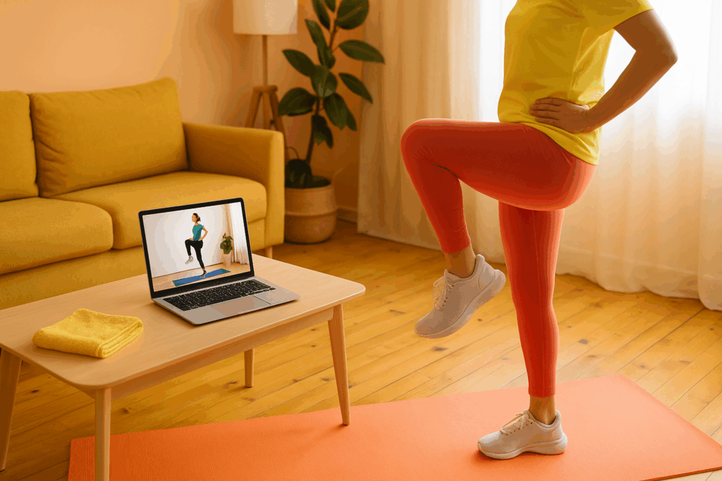 Boost Endurance Naturally with Easy At-Home Workouts: Best Fitness Videos for Beginners to Build Strength and Stamina 5 Beginner doing standing knee lifts in a bright living room with a yoga mat and workout video on laptop to boost endurance naturally.