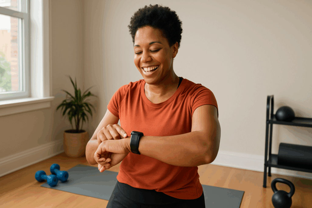 Boost Endurance Naturally with Easy At-Home Workouts: Best Fitness Videos for Beginners to Build Strength and Stamina 6 Happy woman checking smartwatch after a home workout surrounded by dumbbells and a yoga mat, symbolizing efforts to boost endurance naturally.