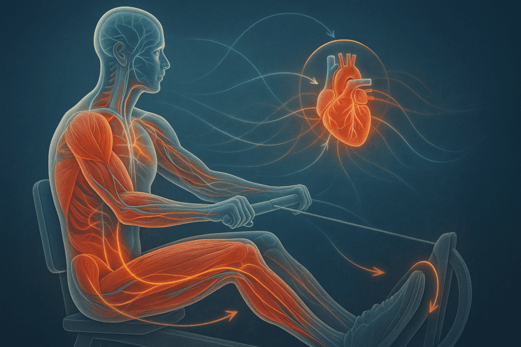 Anatomical illustration of muscles and heart activated during rowing, showing energy flow and circulation for best low impact cardio exercises"