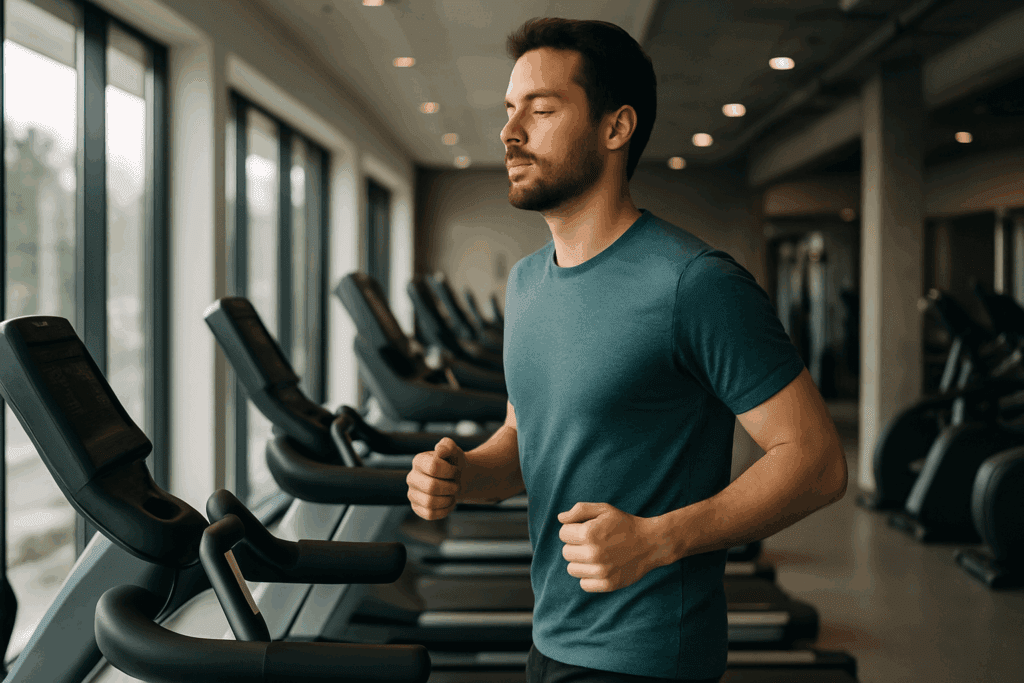Boost Endurance Without the Impact: Best Low Impact Cardio Exercises for Performance and Stamina 2 Man jogging on a treadmill in a bright gym, demonstrating one of the best low impact cardio exercises for steady, moderate workouts.
