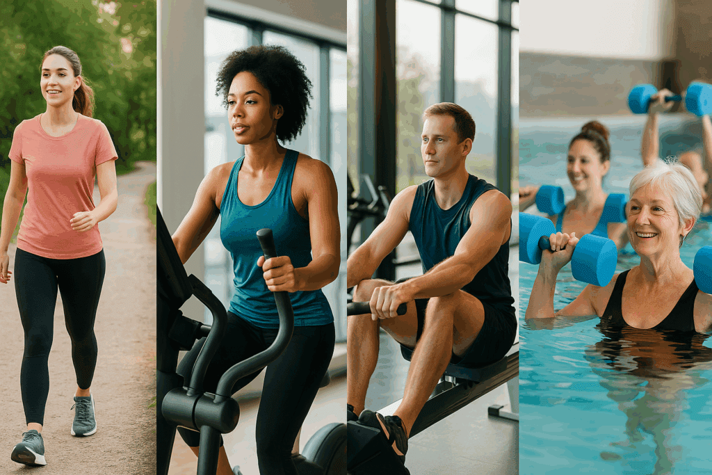 Boost Endurance Without the Impact: Best Low Impact Cardio Exercises for Performance and Stamina 3 Collage of people performing the best low impact cardio exercises including brisk walking, indoor cycling, elliptical training, rowing, and water aerobics.