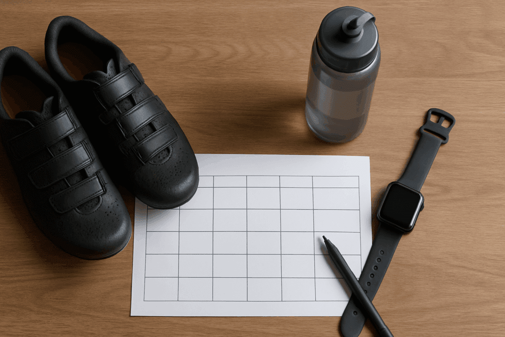 Boost Endurance Without the Impact: Best Low Impact Cardio Exercises for Performance and Stamina 4 Fitness planner, cycling shoes, water bottle, and smartwatch laid out to design the best low impact cardio exercises schedule.
