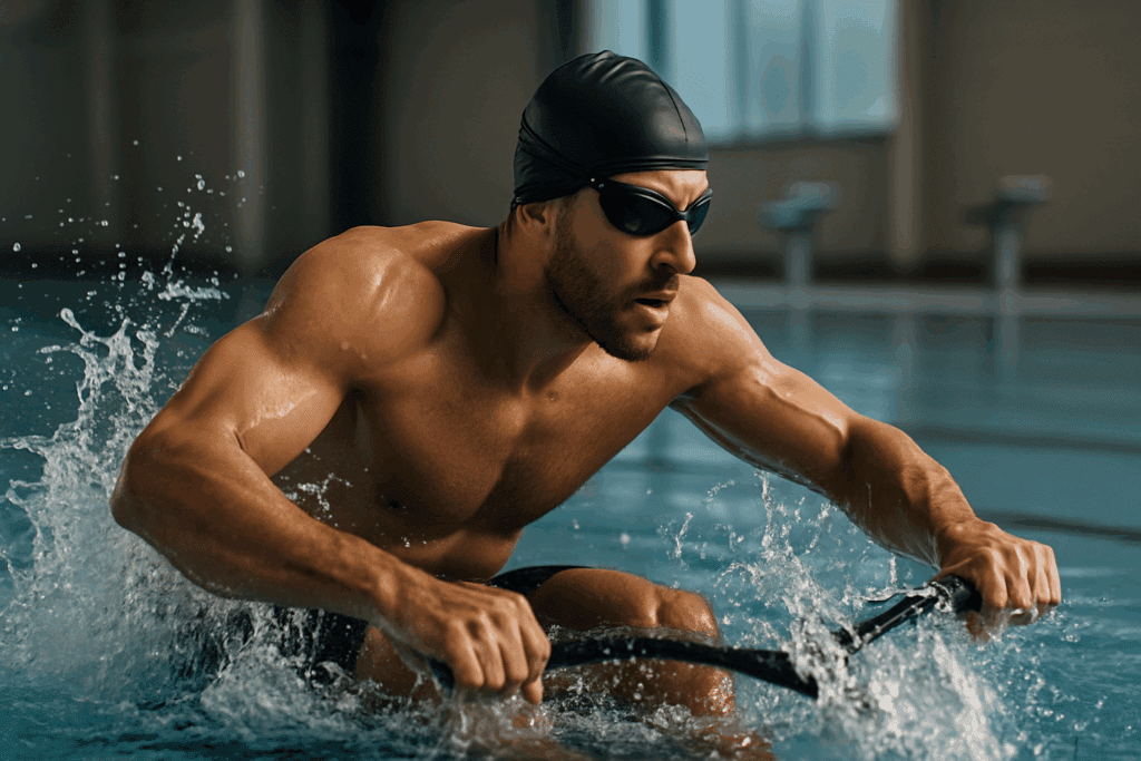 Boost Endurance Without the Impact: Best Low Impact Cardio Exercises for Performance and Stamina 5 Athlete performing aquatic rowing exercise in a sports facility, demonstrating best low impact cardio exercises for endurance and strength.