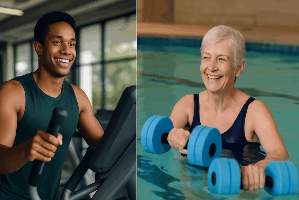 Boost Endurance Without the Impact: Best Low Impact Cardio Exercises for Performance and Stamina 6 Young man using an elliptical and senior woman doing water aerobics, showcasing the best low impact cardio exercises for all ages.