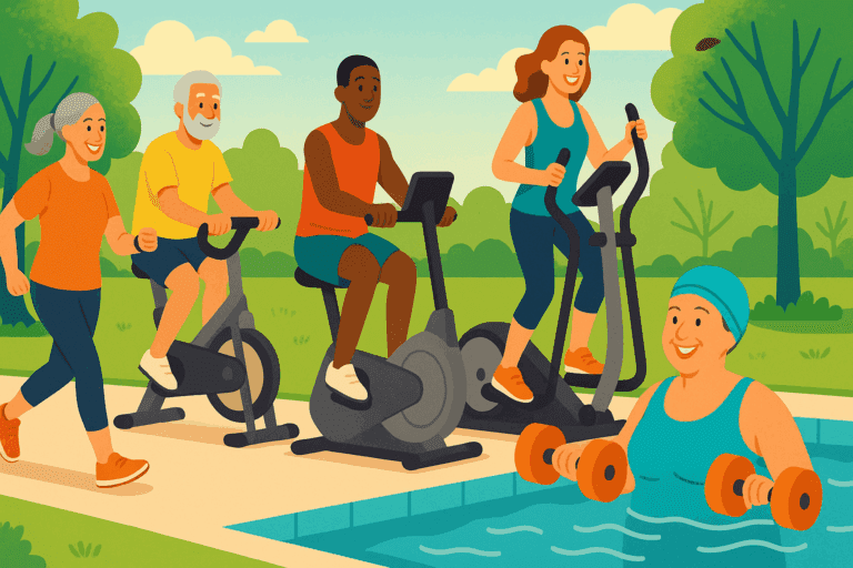 Diverse group of people doing the best low impact cardio exercises like brisk walking, stationary biking, rowing, elliptical training, and water aerobics in a sunny outdoor park.