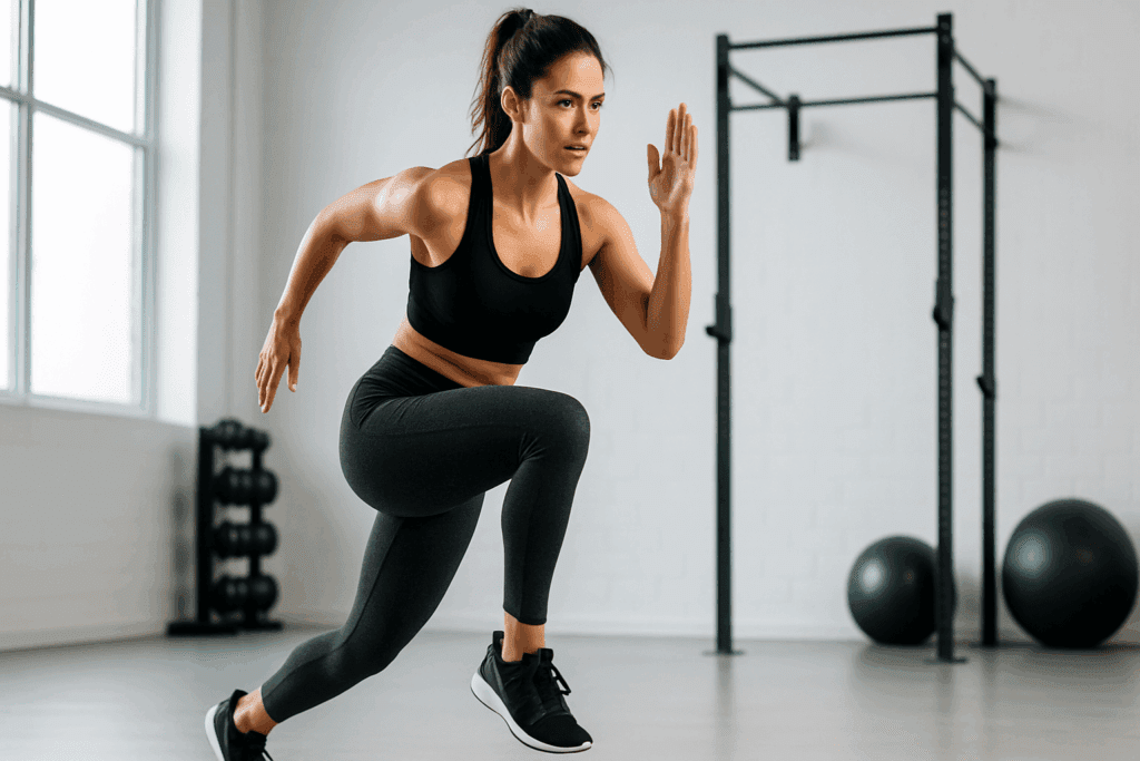 Boost Endurance and Burn Calories Anywhere: How Standing Cardio and Aerobic Exercise Moves Support Performance Naturally 1 Fit woman performing standing cardio mountain climbers in a bright indoor gym, emphasizing core strength and balance.