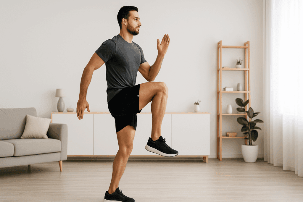 Boost Endurance and Burn Calories Anywhere: How Standing Cardio and Aerobic Exercise Moves Support Performance Naturally 2 Athletic man performing standing cardio high knee marches in a minimalist home workout space with natural light.