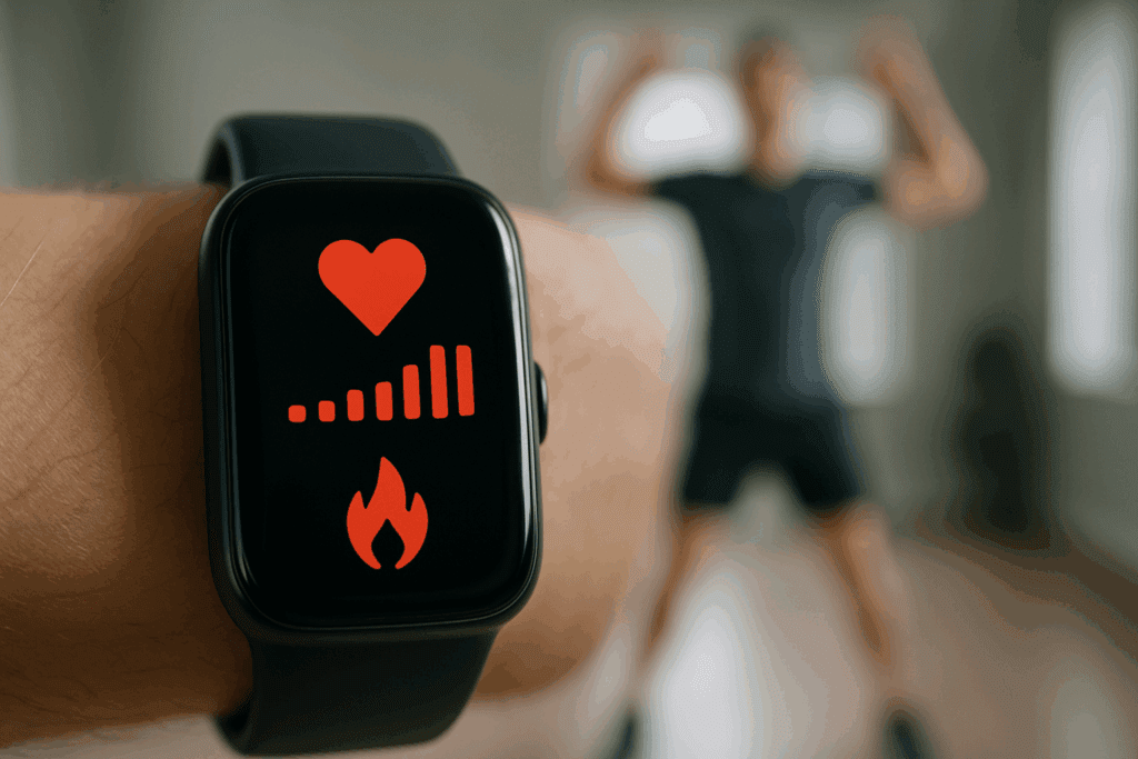 Boost Endurance and Burn Calories Anywhere: How Standing Cardio and Aerobic Exercise Moves Support Performance Naturally 3 Close-up of a fitness tracker showing elevated heart rate and calorie burn during a standing cardio workout, with a blurred figure doing jumping jacks in the background.