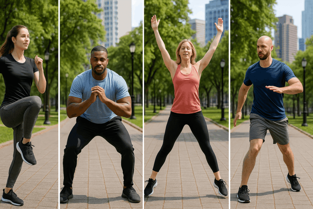 Boost Endurance and Burn Calories Anywhere: How Standing Cardio and Aerobic Exercise Moves Support Performance Naturally 4 Four people demonstrating standing cardio moves like high knees, squats, jumping jacks, and lateral steps in an urban park.