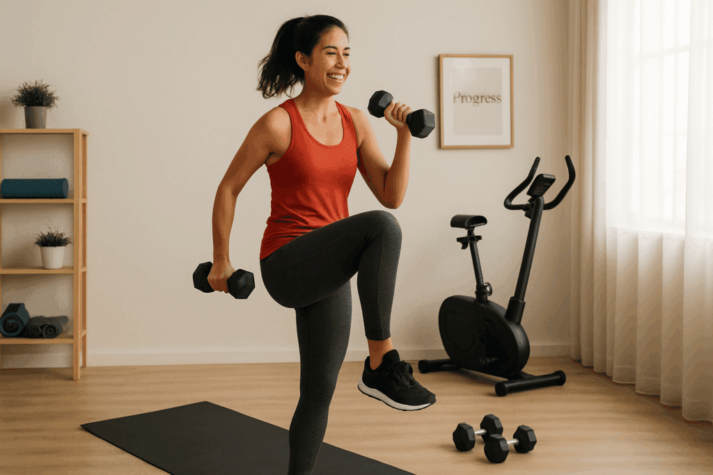 Boost Endurance and Burn Calories Anywhere: How Standing Cardio and Aerobic Exercise Moves Support Performance Naturally 5 Fit woman smiling while performing standing cardio exercises and dumbbell strength training in a bright home gym.
