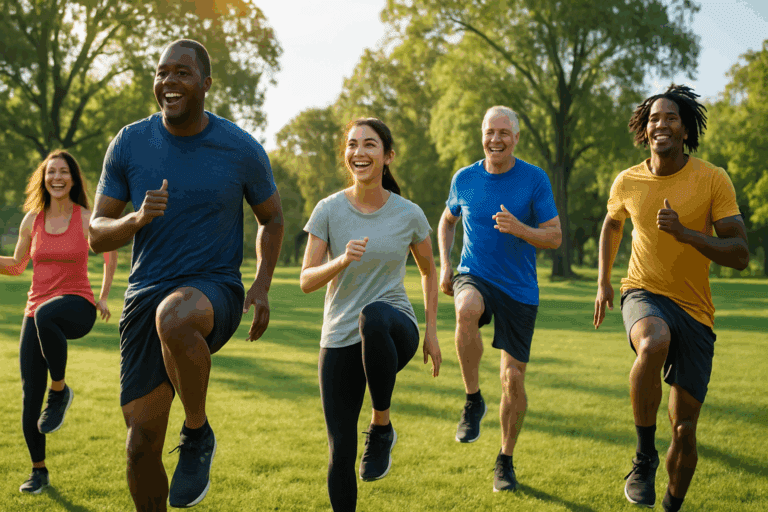 Diverse group of adults performing standing cardio exercises like high knees and side steps in a sunny park.