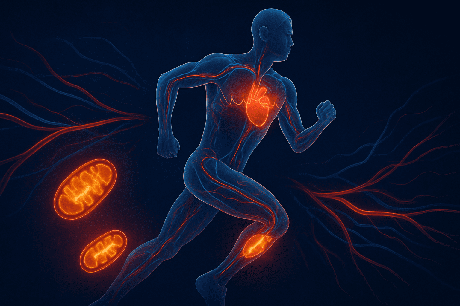 Boost Endurance and Burn Fat Fast: How a 15 Minute Cardio Workout Can Support Daily Performance Goals 1 Runner mid-stride with glowing heart, muscles, and mitochondria illustrating body changes during a 15 Minute Cardio Workout