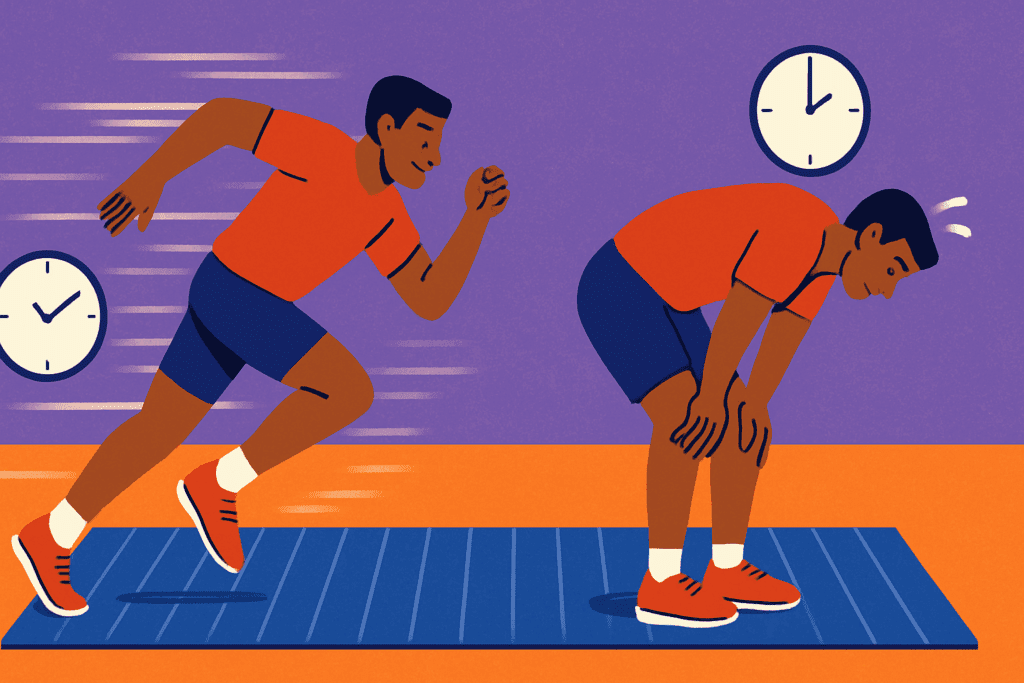 Boost Endurance and Burn Fat Fast: How a 15 Minute Cardio Workout Can Support Daily Performance Goals 2 Man alternating between sprinting and resting during a 15 Minute Cardio Workout on a gym mat, with motion blur and clock icons showing intervals