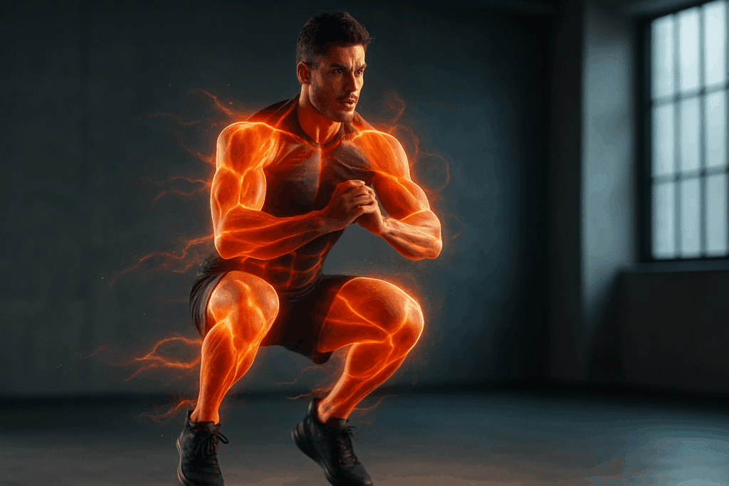 Boost Endurance and Burn Fat Fast: How a 15 Minute Cardio Workout Can Support Daily Performance Goals 3 Man performing jump squats in a gym with glowing muscles and fiery energy trails, illustrating a 15 Minute Cardio Workout for fat burn.