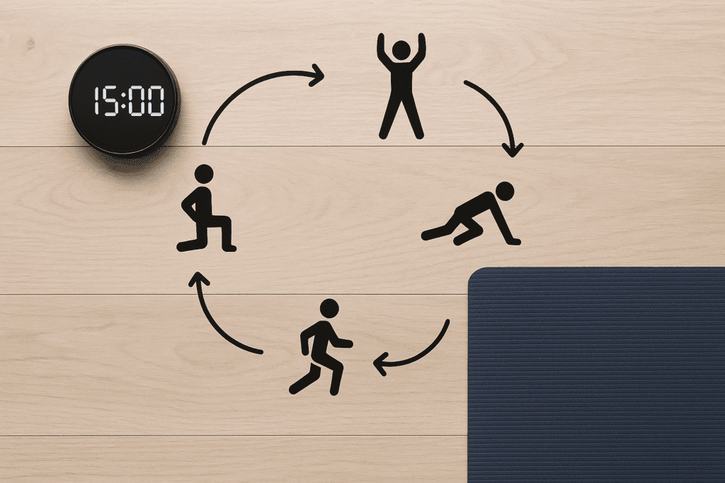 Boost Endurance and Burn Fat Fast: How a 15 Minute Cardio Workout Can Support Daily Performance Goals 4 Top-down view of a minimalist home gym setup featuring a timer, yoga mat, and illustrated circuit flow of bodyweight exercises for a 15 Minute Cardio Workout.