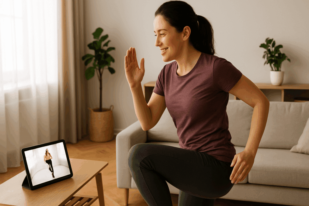 Boost Endurance and Burn Fat Fast: How a 15 Minute Cardio Workout Can Support Daily Performance Goals 5 Woman doing a 15 Minute Cardio Workout at home, following a virtual trainer on a tablet in a cozy, well-lit living room.