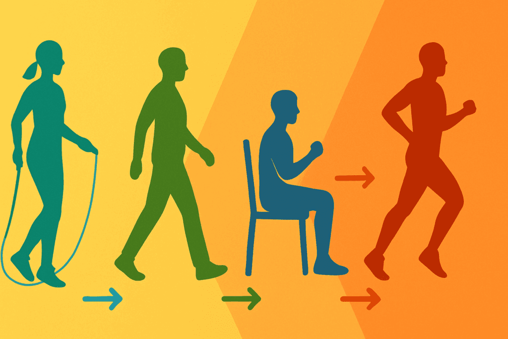 Boost Endurance and Burn Fat Fast: How a 15 Minute Cardio Workout Can Support Daily Performance Goals 6 Silhouettes performing a 15 Minute Cardio Workout with jump rope, brisk walking, chair cardio, and running shown in color-coded progression