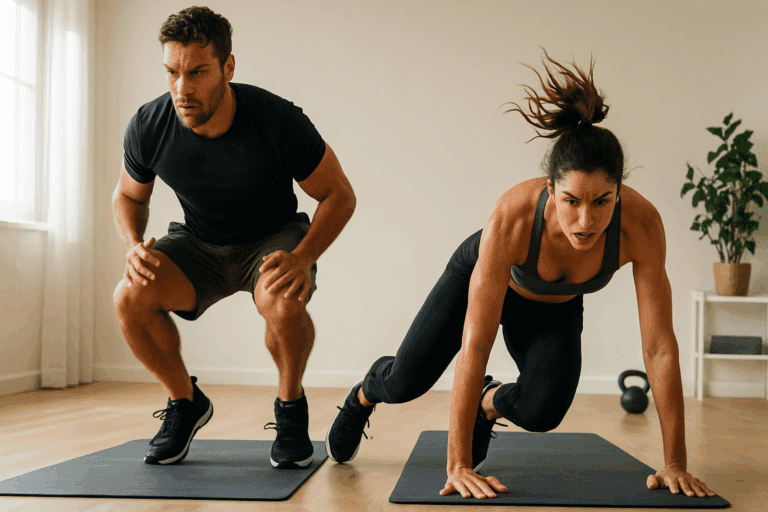 Man and woman mid-workout in a minimalist home gym performing a 15 Minute Cardio Workout with jump squats and mountain climbers