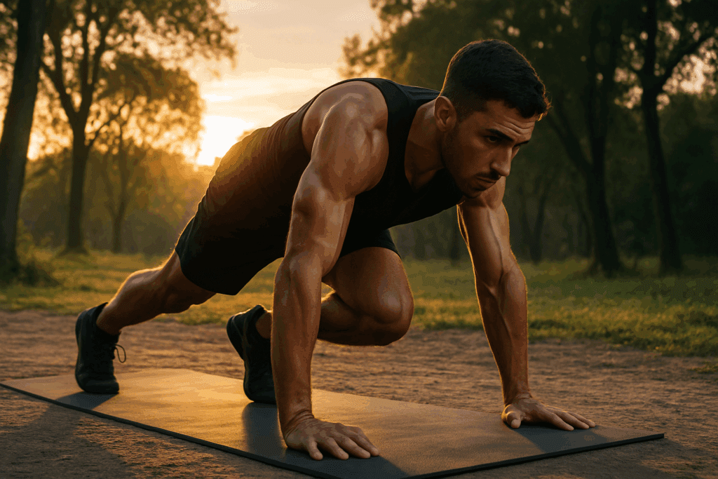 Boost Endurance and Burn Fat Fast with High Intensity Bodyweight Exercises: A Science-Backed Bodyweight HIIT Routine for Peak Performance 1 Athlete performing high intensity bodyweight exercises with mountain climbers on a yoga mat in a sunrise-lit park