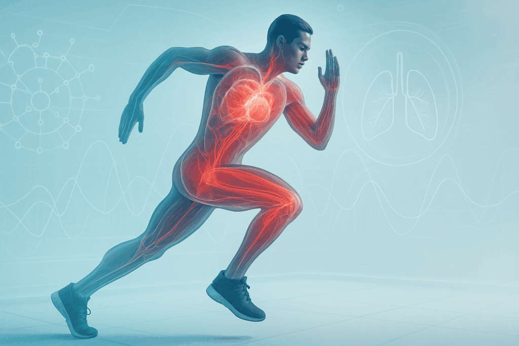 Boost Endurance and Burn Fat Fast with High Intensity Bodyweight Exercises: A Science-Backed Bodyweight HIIT Routine for Peak Performance 2 Athlete mid-sprint with cardiovascular system and muscle activation overlays, demonstrating peak metabolism during high intensity bodyweight exercises.