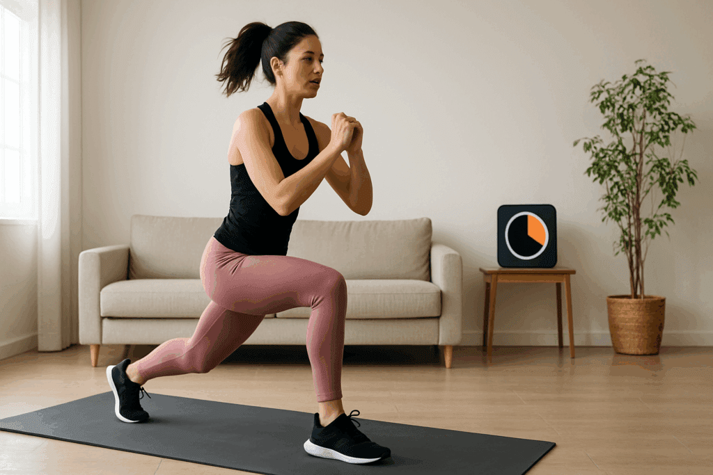 Boost Endurance and Burn Fat Fast with High Intensity Bodyweight Exercises: A Science-Backed Bodyweight HIIT Routine for Peak Performance 3 Young woman performing high intensity bodyweight exercises with jump lunges on a yoga mat in a sunlit minimalist living room.