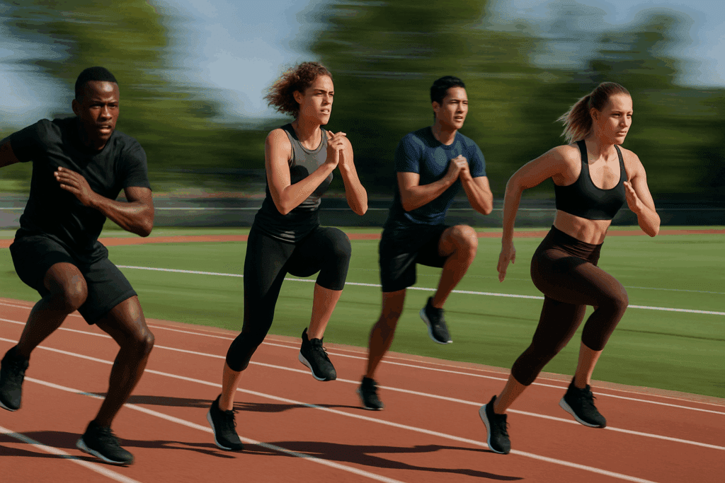 Boost Endurance and Burn Fat Fast with High Intensity Bodyweight Exercises: A Science-Backed Bodyweight HIIT Routine for Peak Performance 4 Athletes performing high intensity bodyweight exercises like lateral bounds and jumping lunges on an outdoor track, showcasing stamina and teamwork.