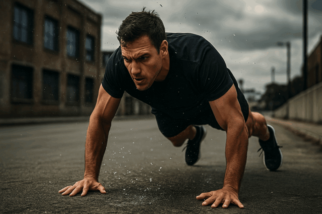 Boost Endurance and Burn Fat Fast with High Intensity Bodyweight Exercises: A Science-Backed Bodyweight HIIT Routine for Peak Performance 5 Man performing a burpee on an urban street, showcasing sweat and determination during high intensity bodyweight exercises.