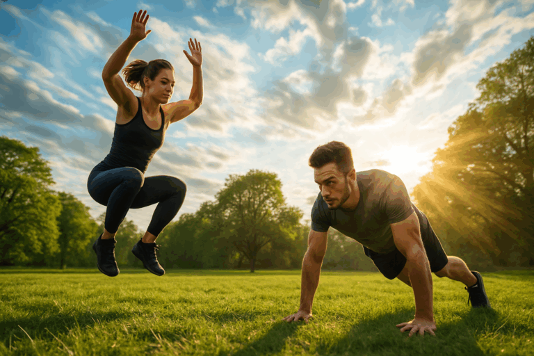 Man and woman performing high intensity bodyweight exercises like jump squats and burpees on a grassy field under a vibrant sky.