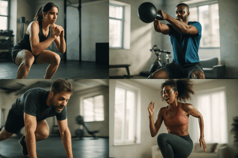 Diverse group of people performing cardiovascular circuit training exercises like jump squats, mountain climbers, and kettlebell swings in a bright gym.
