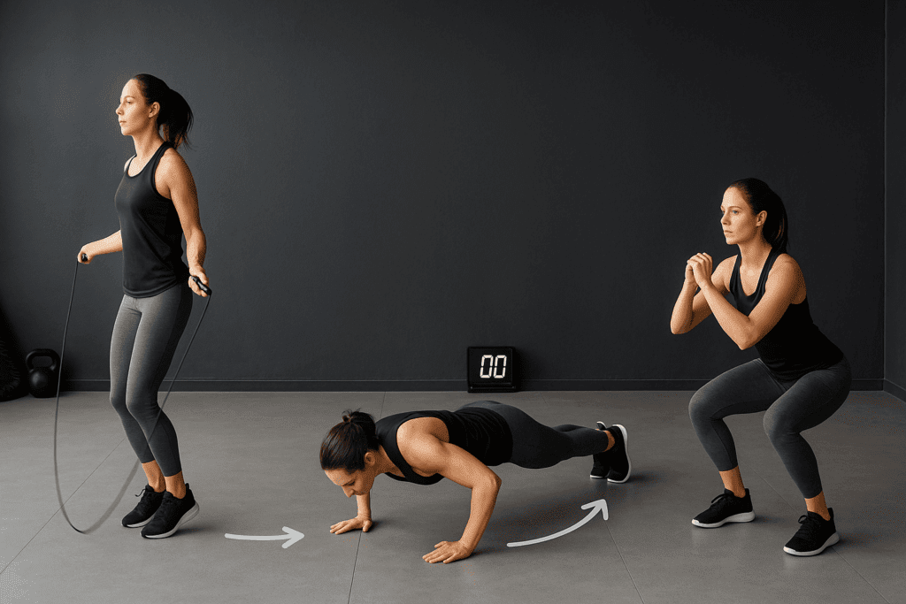 Boost Endurance and Burn Fat Smarter: How Cardiovascular Circuit Training Exercises Improve Performance and Heart Health 1 Woman performing cardiovascular circuit training exercises with jump rope, push-ups, and squats in a minimalist gym studio.