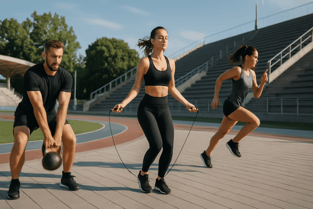Boost Endurance and Burn Fat Smarter: How Cardiovascular Circuit Training Exercises Improve Performance and Heart Health 3 Group of athletes performing cardiovascular circuit training exercises outdoors, including kettlebell swings, jump rope, and stair sprints in a stadium setting