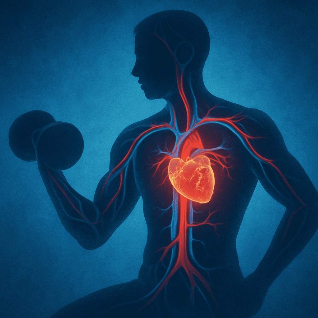 Boost Endurance and Burn Fat Smarter: How Cardiovascular Circuit Training Exercises Improve Performance and Heart Health 4 Abstract illustration of a person lifting weights with highlighted arteries and heart, symbolizing improved circulation from cardiovascular circuit training exercises.